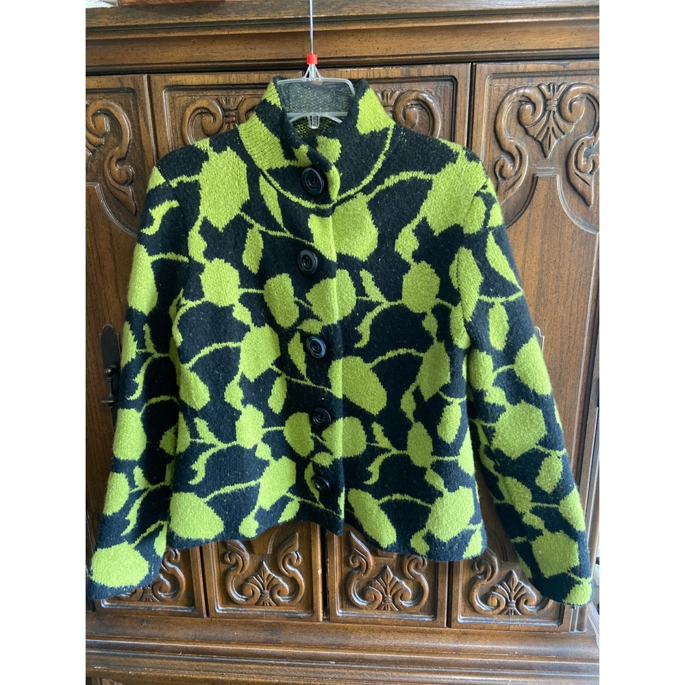 600 West Lime Green Black Floral Wool Blend Knit Cardigan Sweater Jacket Small